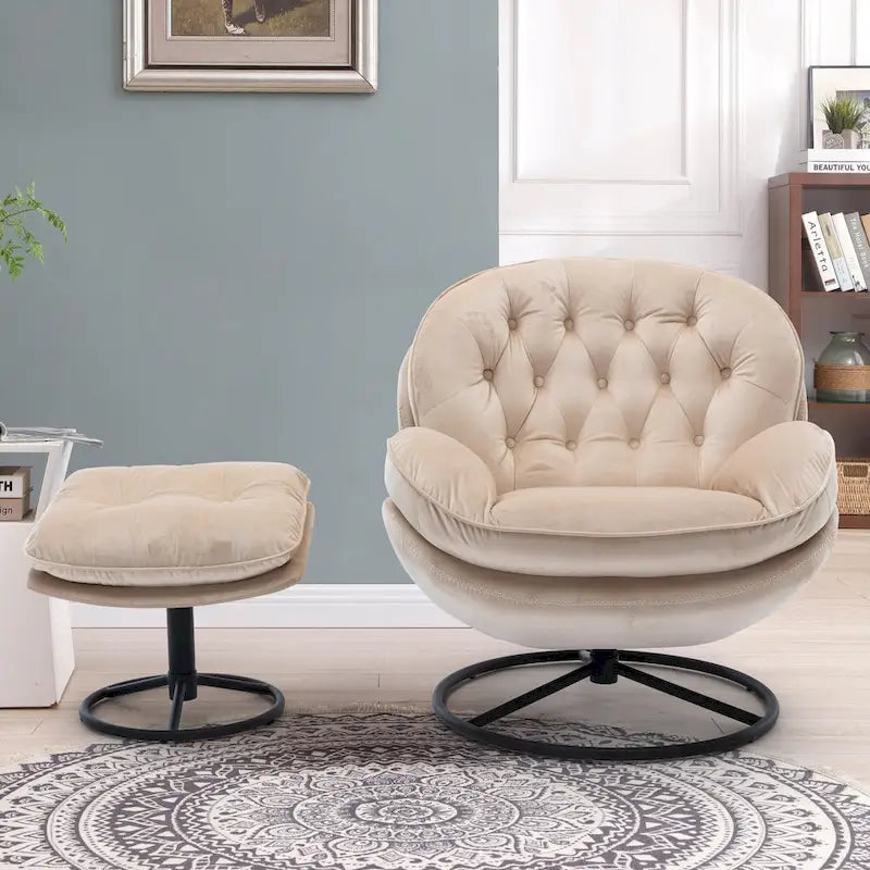 Poltrona girevole in velluto con pouf, senza braccioli, 1 posto | Beige