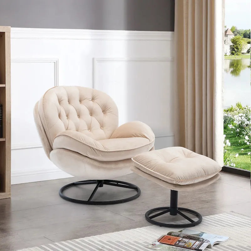 Poltrona girevole in velluto con pouf, senza braccioli, 1 posto | Beige