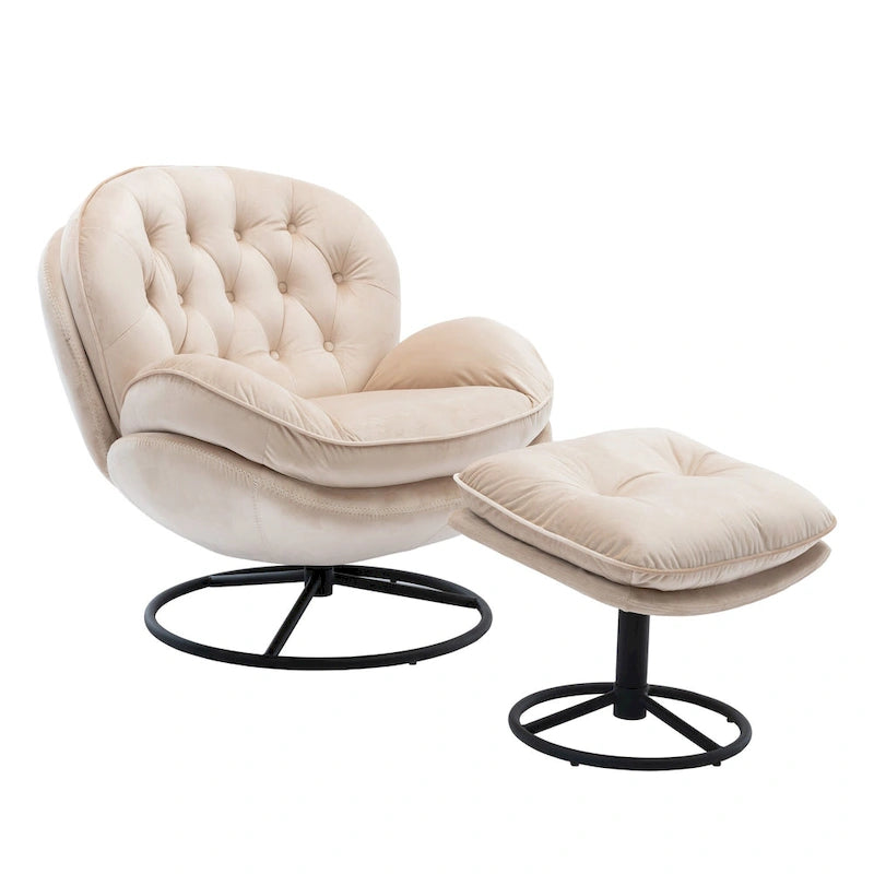Poltrona girevole in velluto con pouf, senza braccioli, 1 posto | Beige