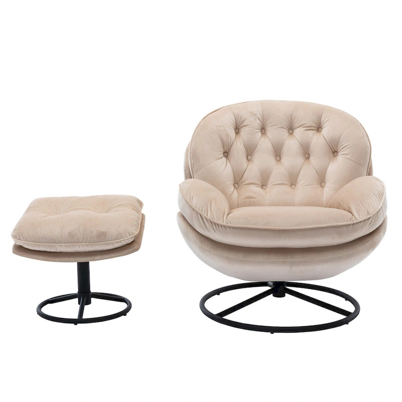 Poltrona girevole in velluto con pouf, senza braccioli, 1 posto | Beige