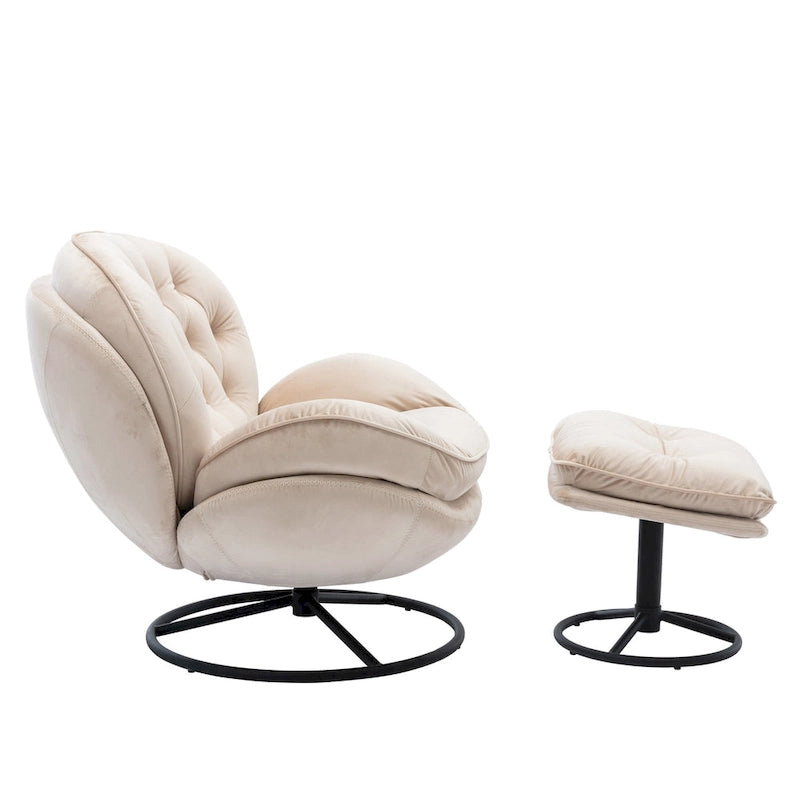 Poltrona girevole in velluto con pouf, senza braccioli, 1 posto | Beige