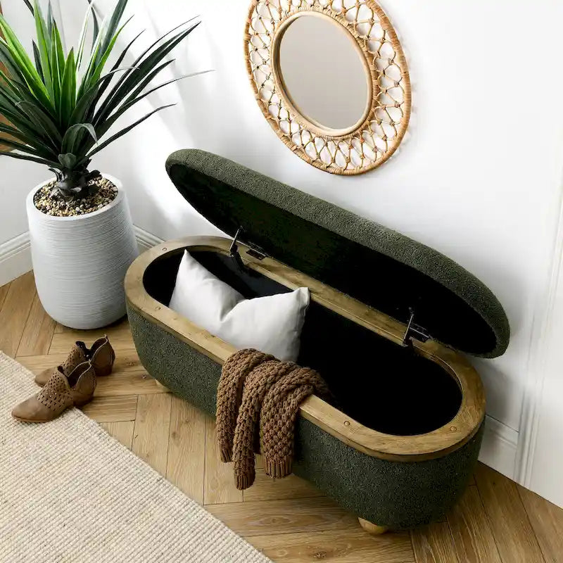 Panca Pouf Contenitore Imbottita Verde Scuro, 1 Posto