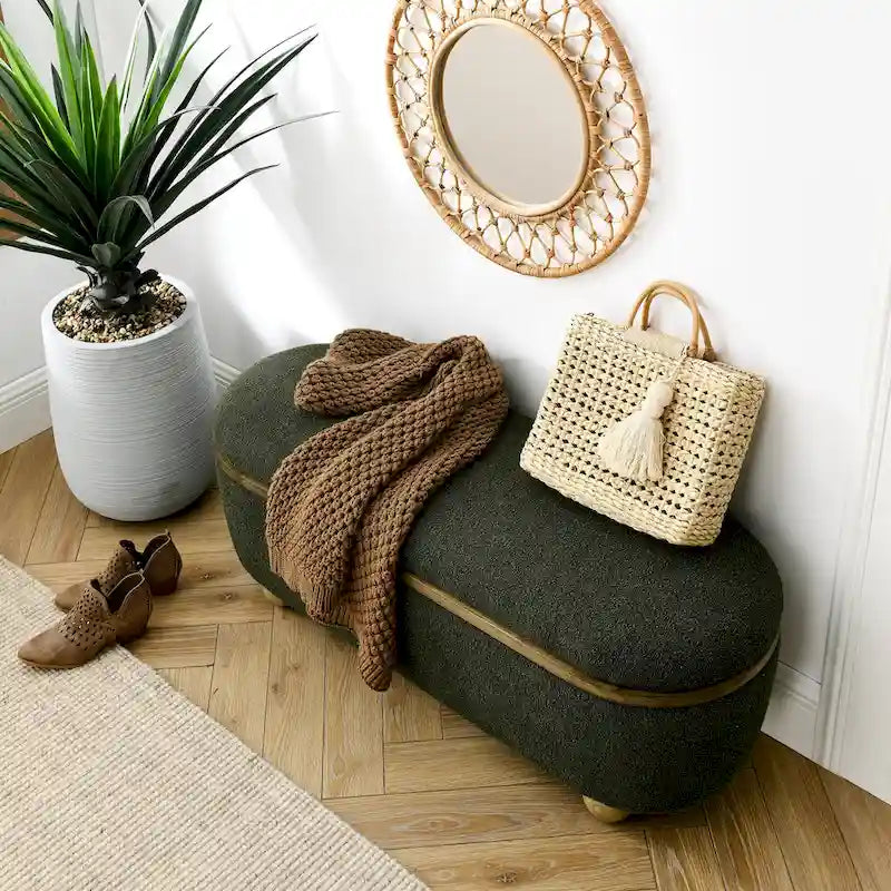 Panca Pouf Contenitore Imbottita Verde Scuro, 1 Posto