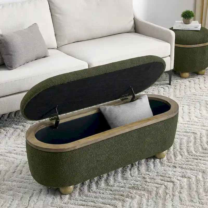 Panca Pouf Contenitore Imbottita Verde Scuro, 1 Posto