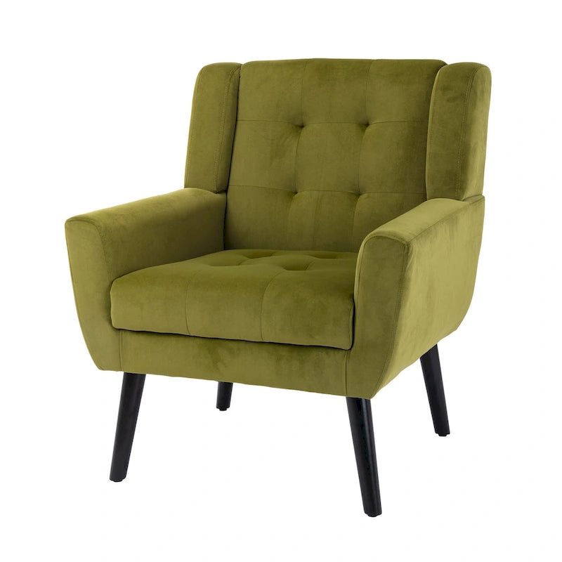 Poltroncina di design in velluto verde con gambe in legno nero, a sedile singolo