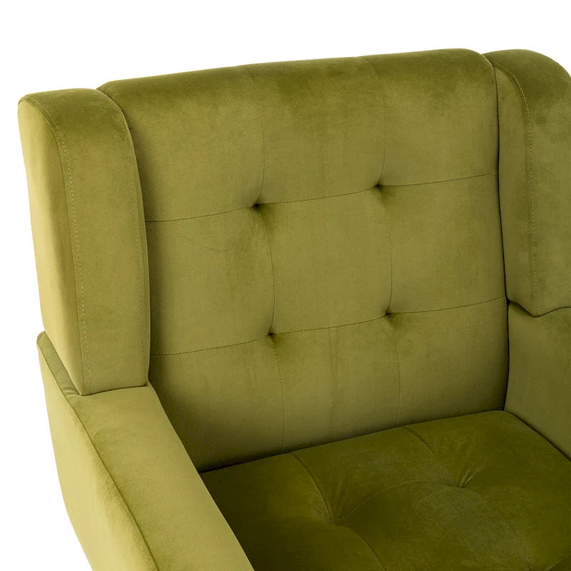Poltroncina di design in velluto verde con gambe in legno nero, a sedile singolo