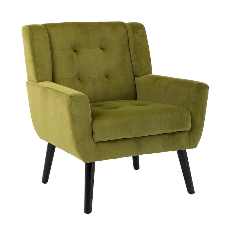 Poltroncina di design in velluto verde con gambe in legno nero, a sedile singolo