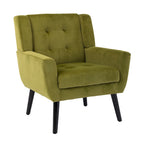 Poltroncina di design in velluto verde con gambe in legno nero, a sedile singolo