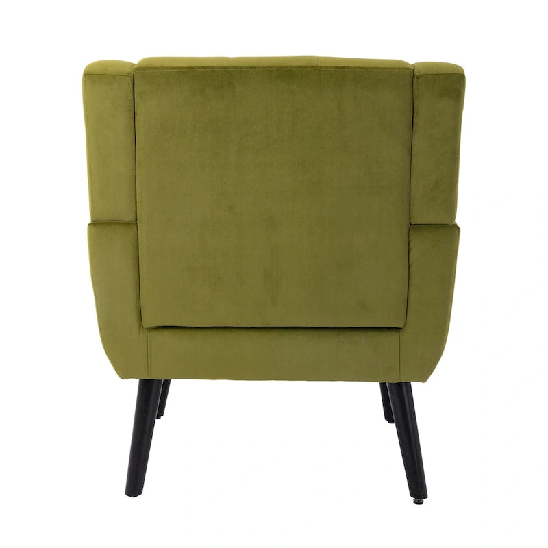 Poltroncina di design in velluto verde con gambe in legno nero, a sedile singolo