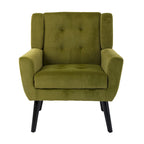 Poltroncina di design in velluto verde con gambe in legno nero, a sedile singolo