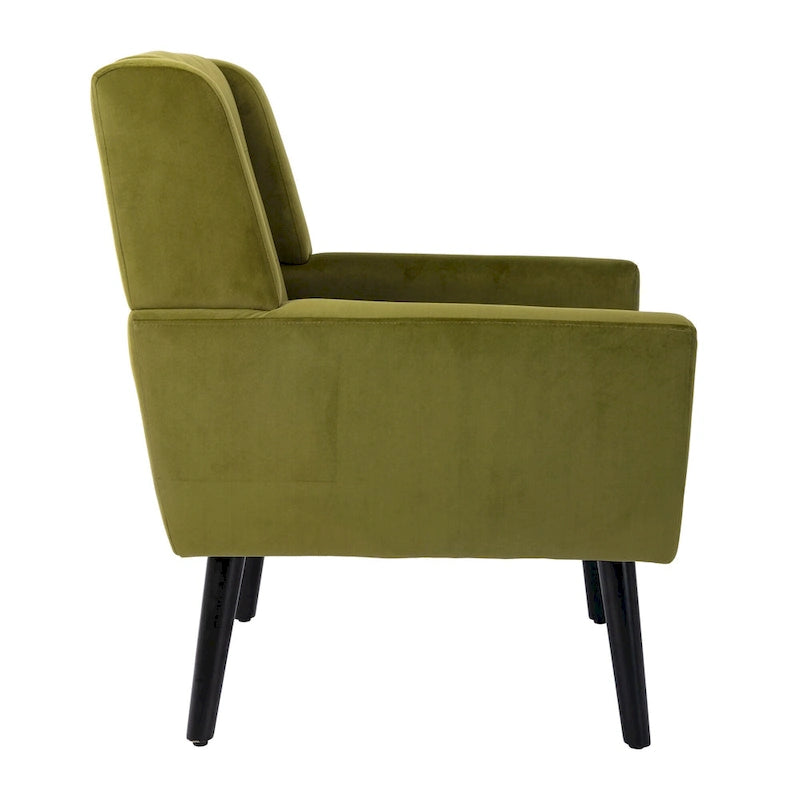 Poltroncina di design in velluto verde con gambe in legno nero, a sedile singolo