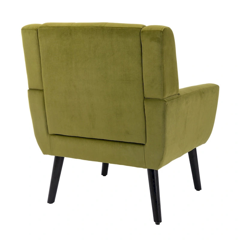 Poltroncina di design in velluto verde con gambe in legno nero, a sedile singolo