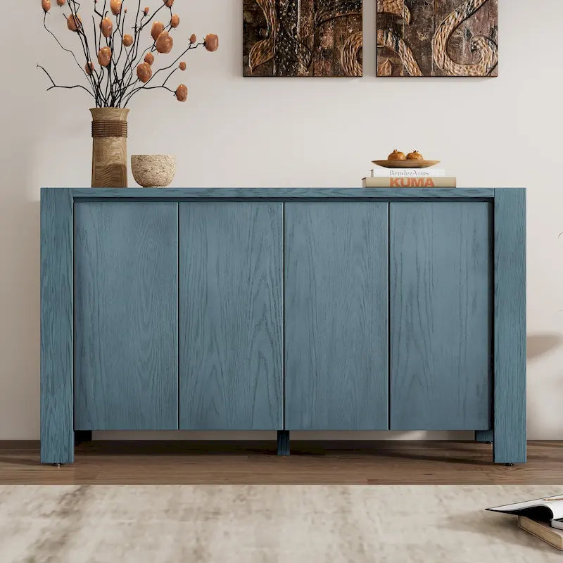 Madia a 4 ante blu scuro / nera / naturale, impiallacciatura in rovere con finitura anticata, montaggio da 1 persona