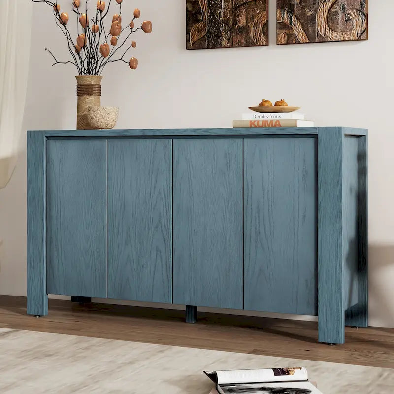 Madia a 4 ante blu scuro / nera / naturale, impiallacciatura in rovere con finitura anticata, montaggio da 1 persona