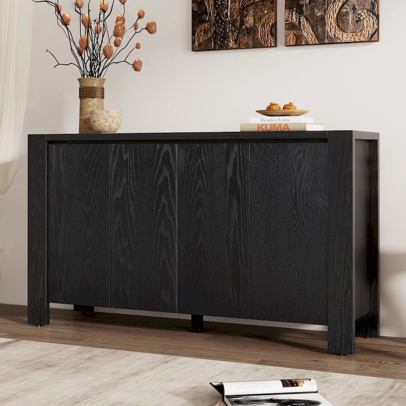 Madia a 4 ante blu scuro / nera / naturale, impiallacciatura in rovere con finitura anticata, montaggio da 1 persona