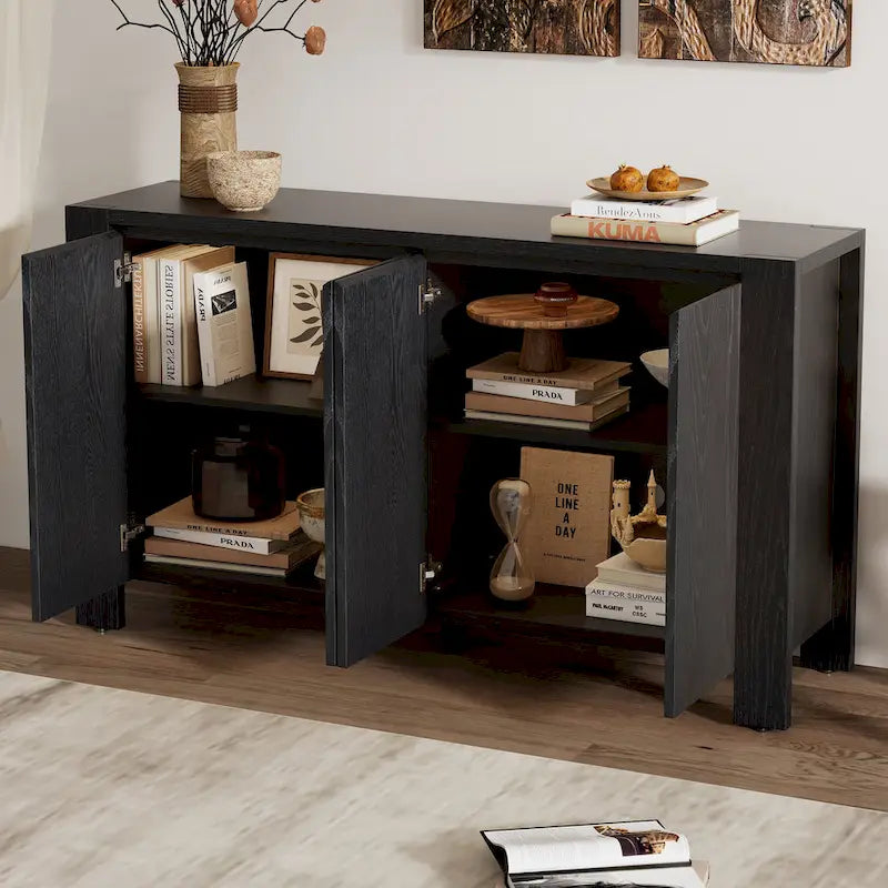 Madia a 4 ante blu scuro / nera / naturale, impiallacciatura in rovere con finitura anticata, montaggio da 1 persona