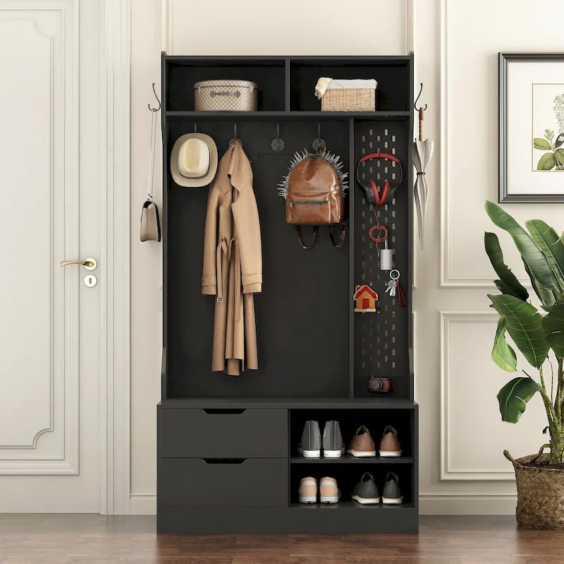 Albero da ingresso nero 4 in 1 con panca, 6 ganci e contenitore, 1 posto