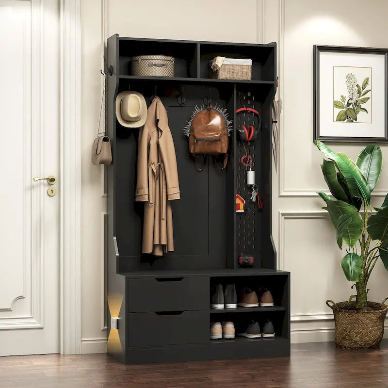Albero da ingresso nero 4 in 1 con panca, 6 ganci e contenitore, 1 posto