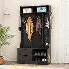 Albero da ingresso nero 4 in 1 con panca, 6 ganci e contenitore, 1 posto