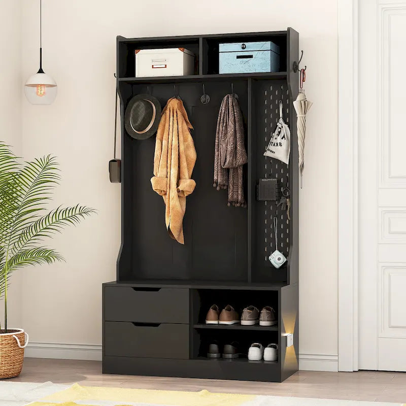 Albero da ingresso nero 4 in 1 con panca, 6 ganci e contenitore, 1 posto