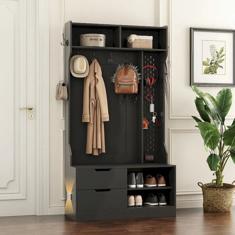 Albero da ingresso nero 4 in 1 con panca, 6 ganci e contenitore, 1 posto