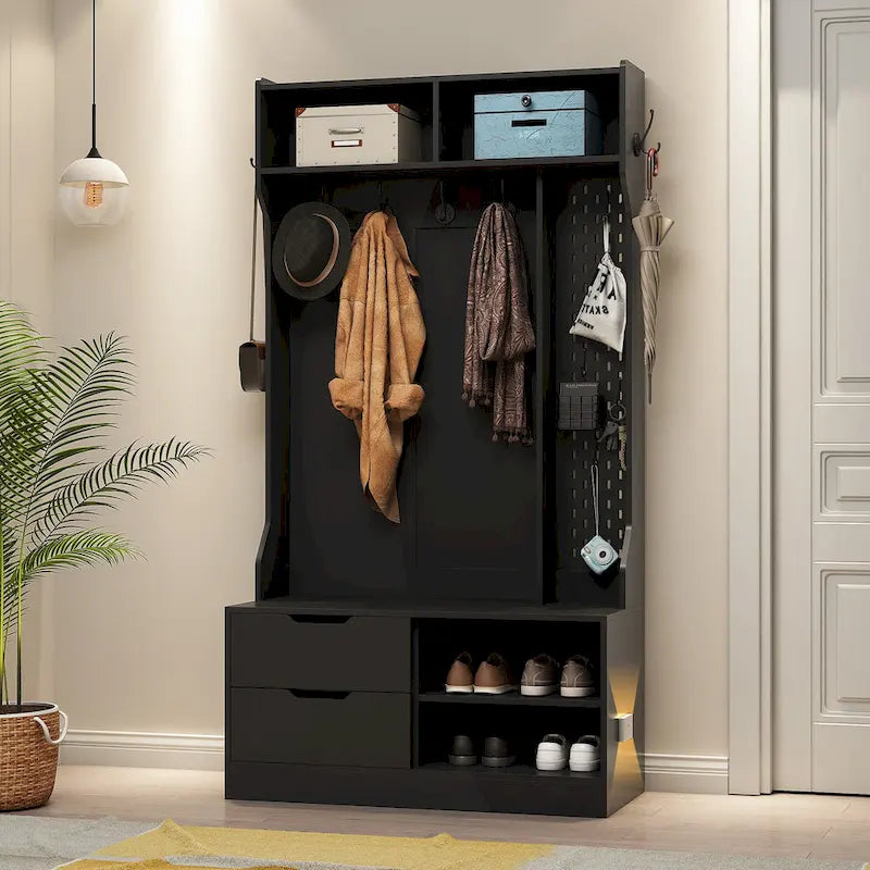 Albero da ingresso nero 4 in 1 con panca, 6 ganci e contenitore, 1 posto
