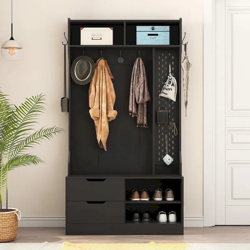 Albero da ingresso nero 4 in 1 con panca, 6 ganci e contenitore, 1 posto
