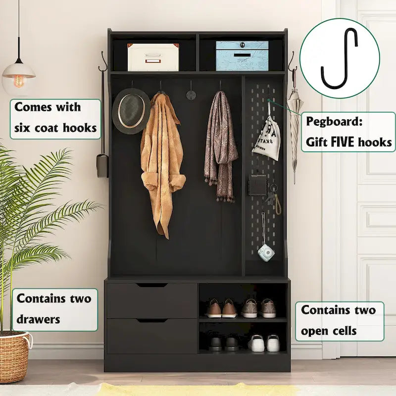 Albero da ingresso nero 4 in 1 con panca, 6 ganci e contenitore, 1 posto
