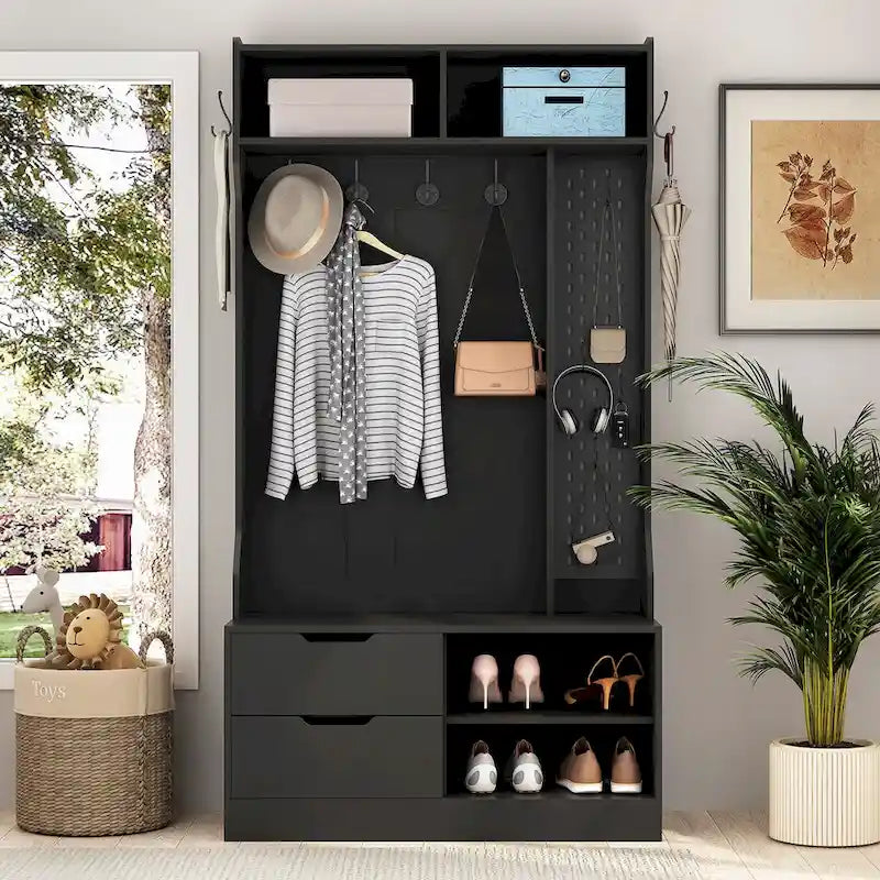 Albero da ingresso nero 4 in 1 con panca, 6 ganci e contenitore, 1 posto