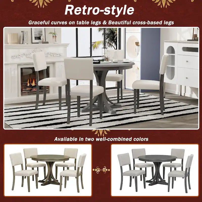Set da pranzo rotondo con piedistallo retrò color tortora, 5 pezzi (4 posti)
