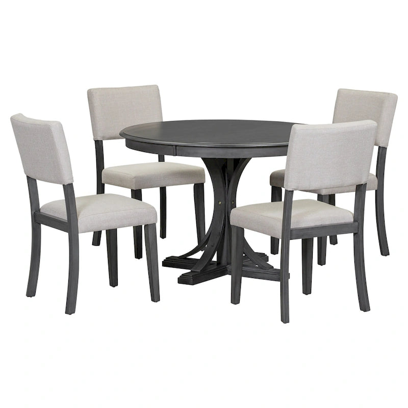 Set da pranzo rotondo con piedistallo retrò color tortora, 5 pezzi (4 posti)