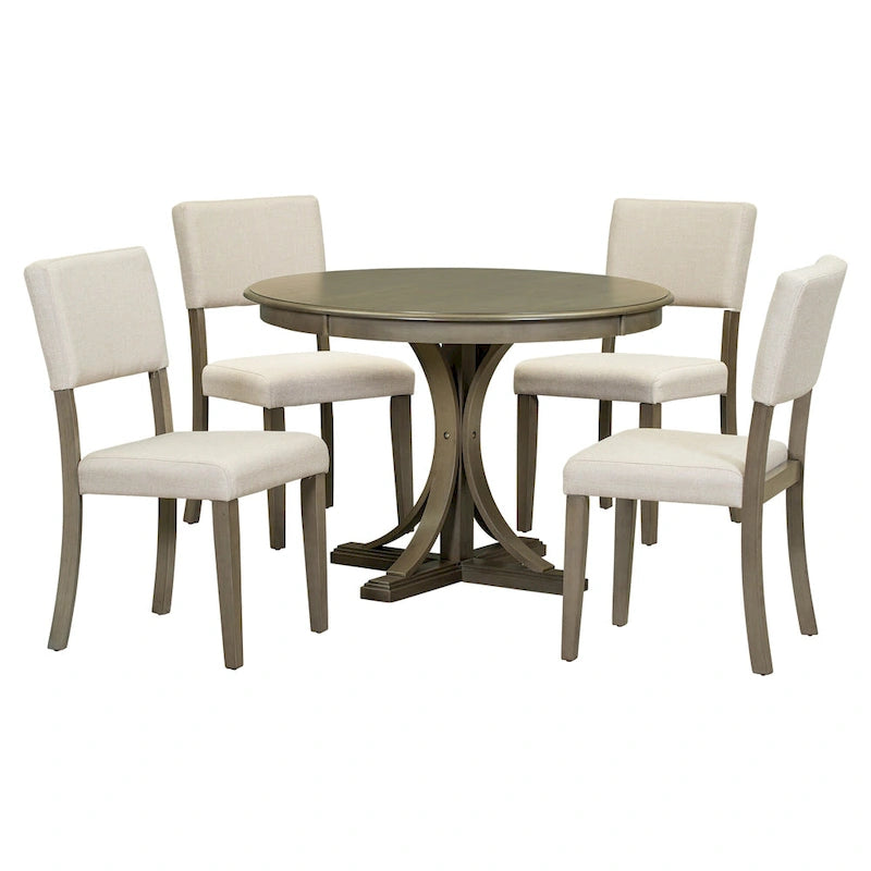 Set da pranzo rotondo con piedistallo retrò color tortora, 5 pezzi (4 posti)