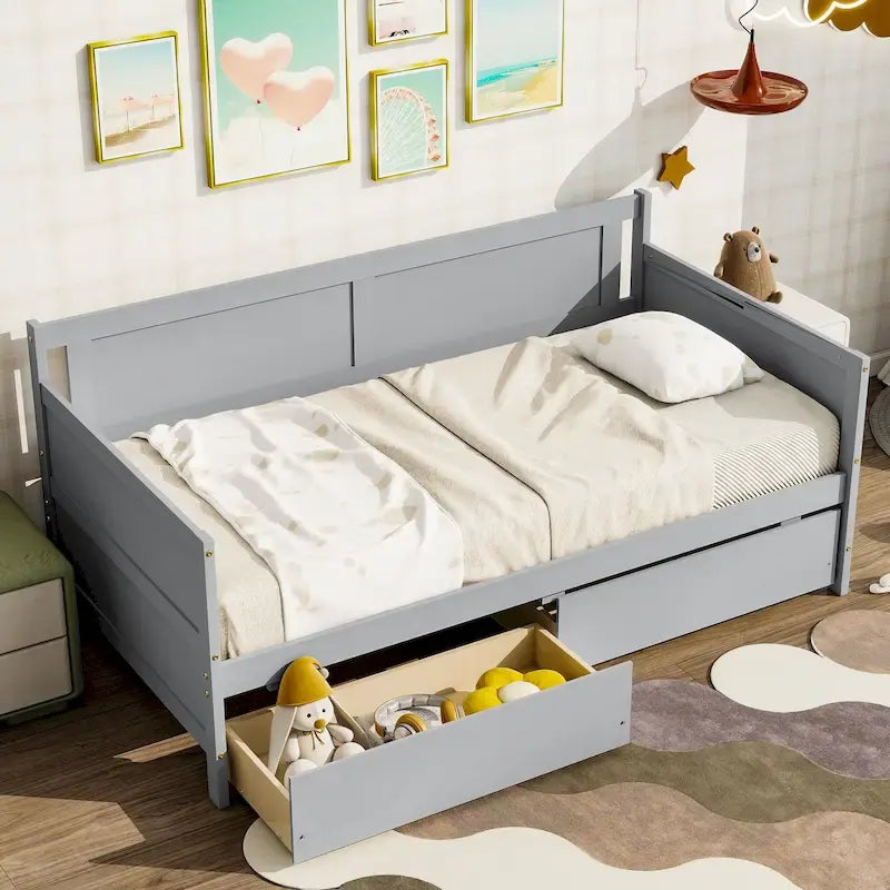 Divano letto singolo grigio con 2 cassetti portaoggetti, stile divano, per 1 persona