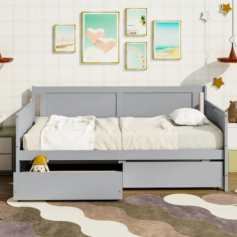Divano letto singolo grigio con 2 cassetti portaoggetti, stile divano, per 1 persona