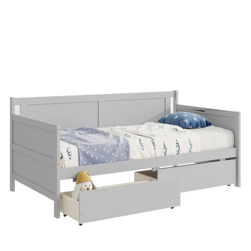 Divano letto singolo grigio con 2 cassetti portaoggetti, stile divano, per 1 persona