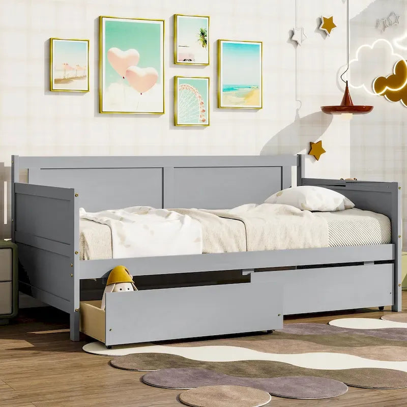 Divano letto singolo grigio con 2 cassetti portaoggetti, stile divano, per 1 persona