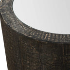 Tavolino rotondo a tamburo nero, piano a specchio, singolo, 63,5 cm H × 55,9 cm D