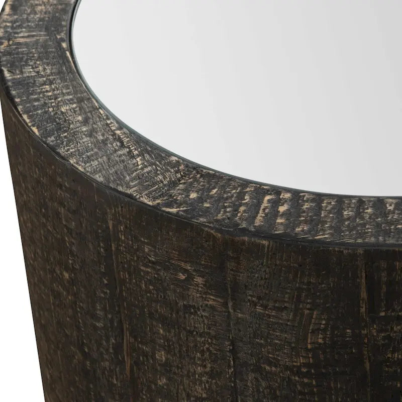 Tavolino rotondo a tamburo nero, piano a specchio, singolo, 63,5 cm H × 55,9 cm D
