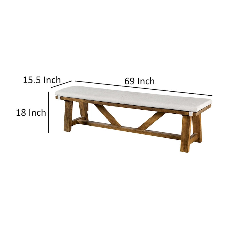Panca da pranzo a cavalletto marrone e bianco sporco, 175 cm, sedile imbottito per 2 persone