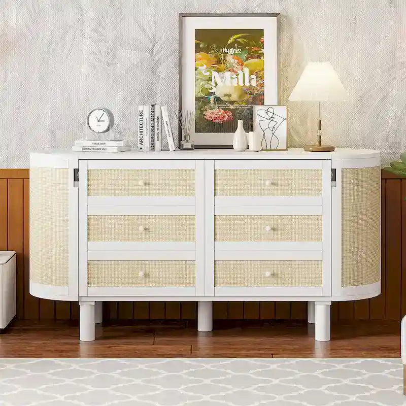 Letto a scomparsa Murphy bianco/grigio con cassettiera e contenitore in rattan, matrimoniale/queen, 1 posto letto