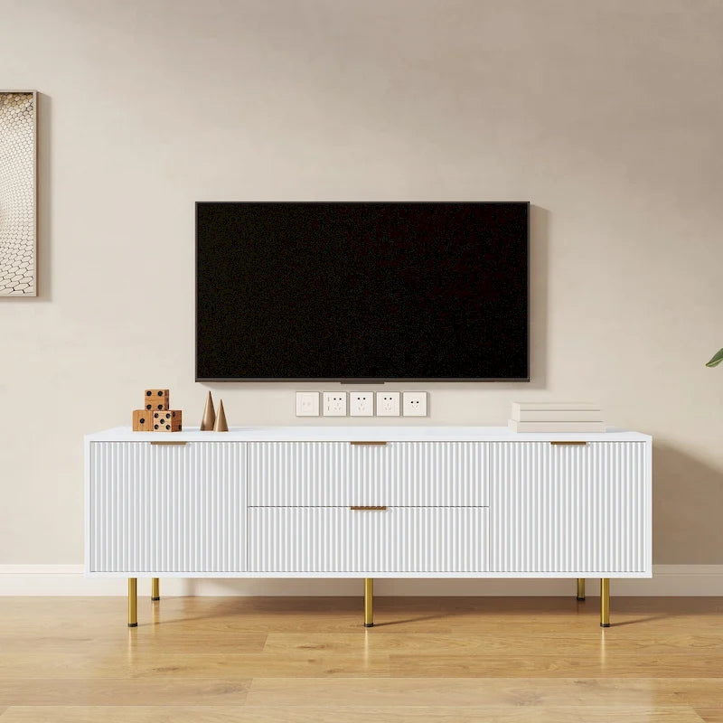 Mobile TV basso bianco con 2 cassetti e 2 armadietti, adatto fino a 65", Montaggio per 1 persona