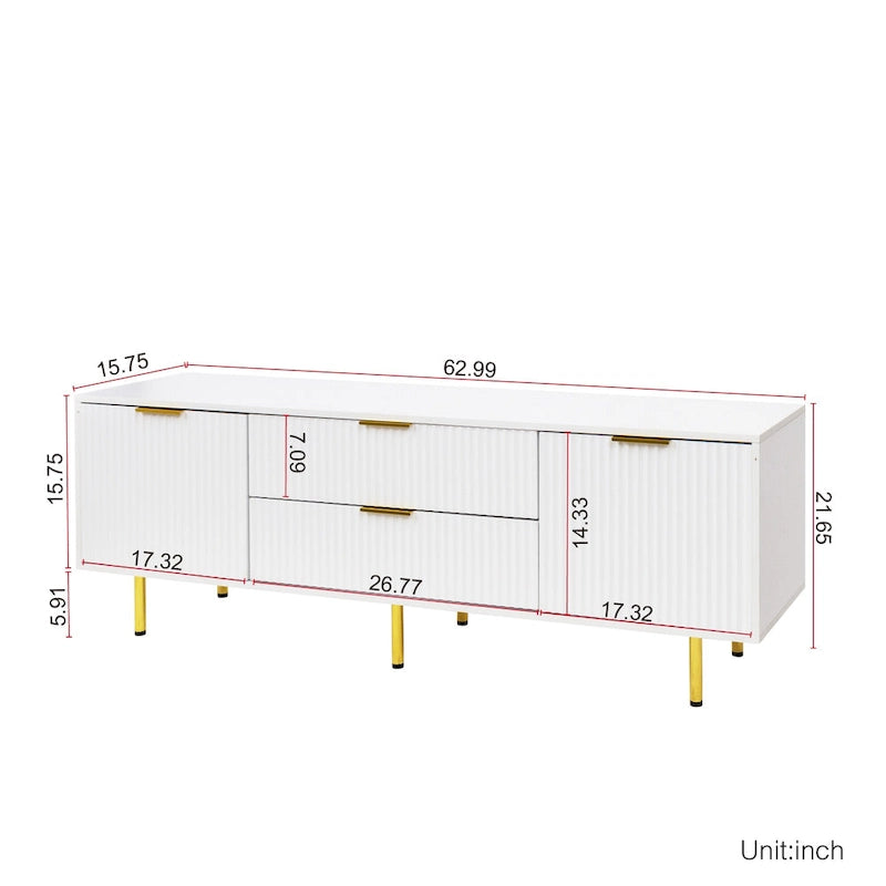 Mobile TV basso bianco con 2 cassetti e 2 armadietti, adatto fino a 65", Montaggio per 1 persona
