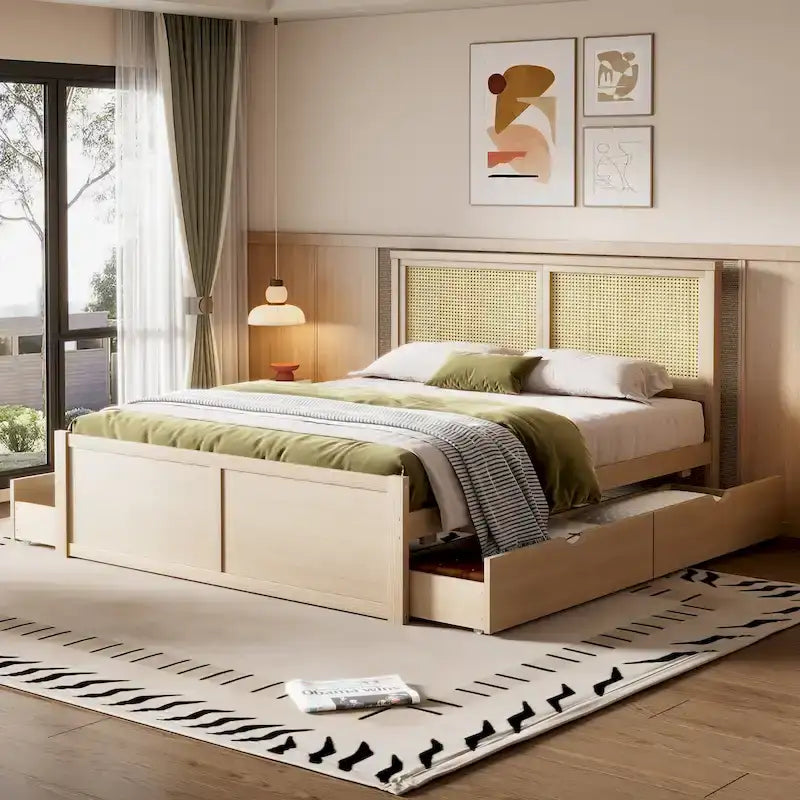 Letto a Piattaforma Contenitore in Legno con 4 Cassetti e Testiera in Rattan
