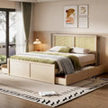 Letto a Piattaforma Contenitore in Legno con 4 Cassetti e Testiera in Rattan