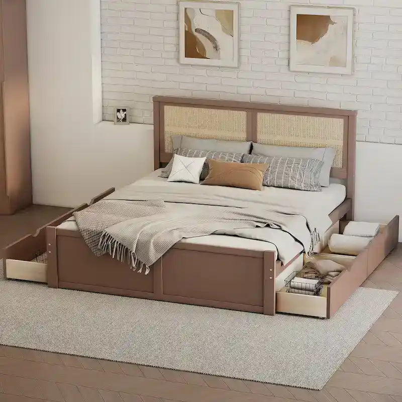 Letto a Piattaforma Contenitore in Legno con 4 Cassetti e Testiera in Rattan