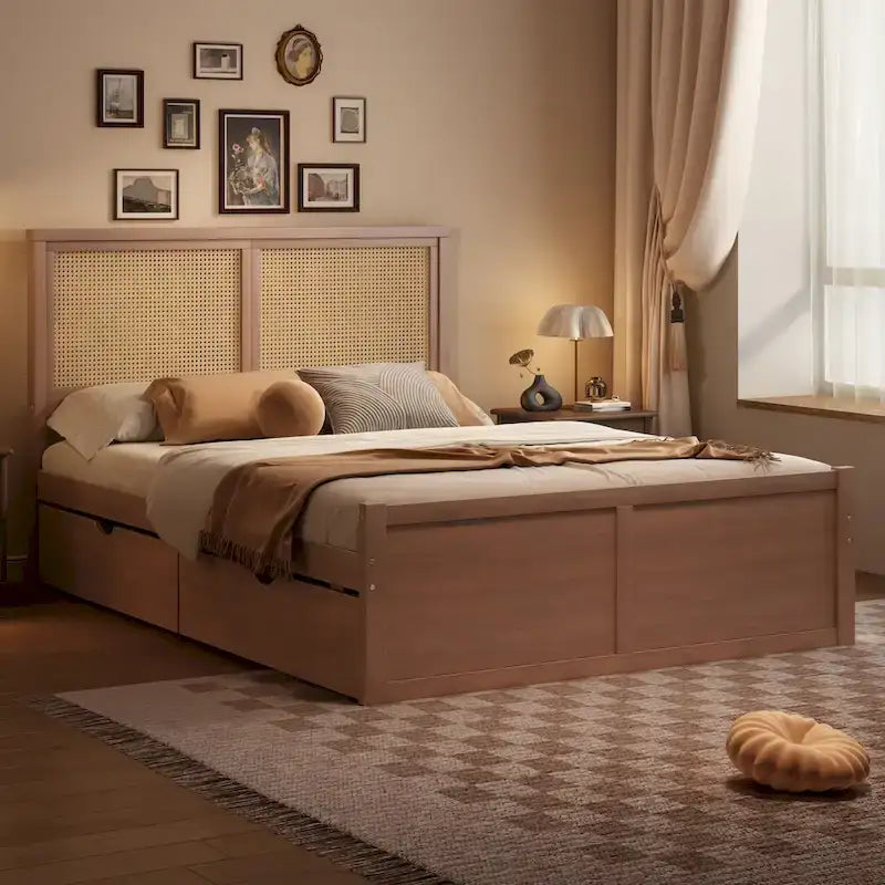 Letto a Piattaforma Contenitore in Legno con 4 Cassetti e Testiera in Rattan