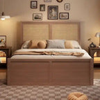 Letto a Piattaforma Contenitore in Legno con 4 Cassetti e Testiera in Rattan