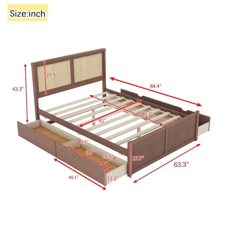 Letto a Piattaforma Contenitore in Legno con 4 Cassetti e Testiera in Rattan