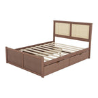 Letto a Piattaforma Contenitore in Legno con 4 Cassetti e Testiera in Rattan