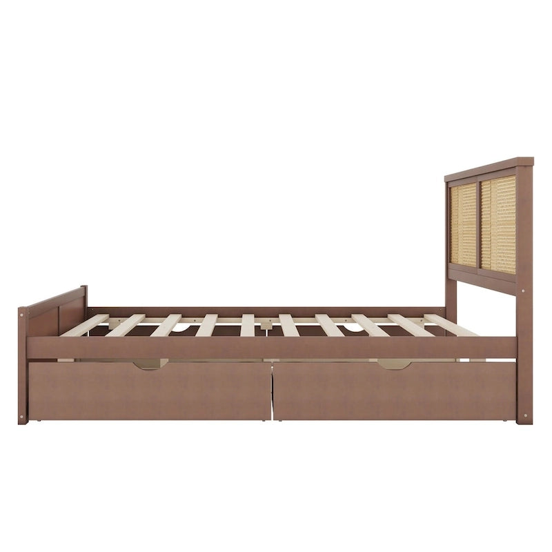 Letto a Piattaforma Contenitore in Legno con 4 Cassetti e Testiera in Rattan